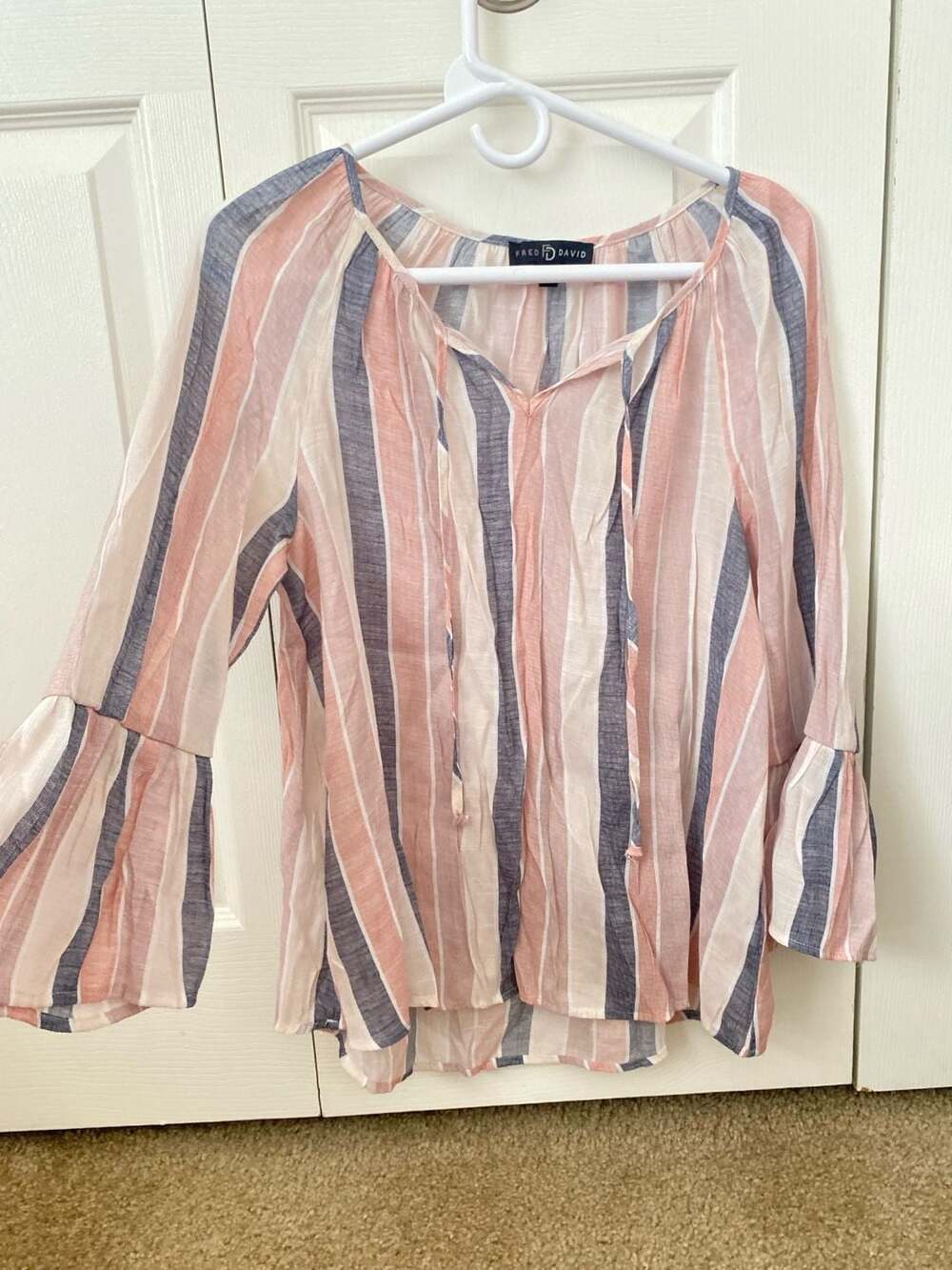 Fred David Striped Bell Sleeve Tie-Neck Blouse Soft Pink and Blue Small